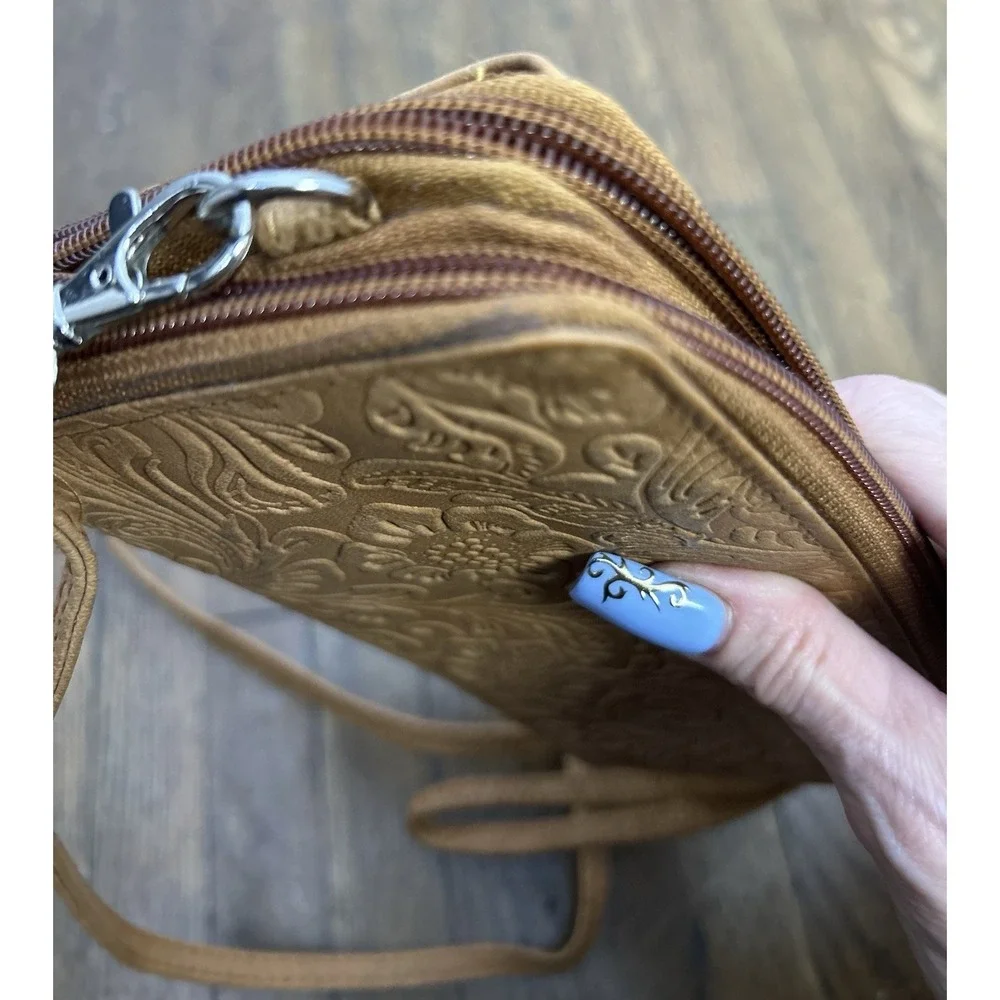 Bueno of California Embossed Floral Wallet on a String Crossbody Bag Tan